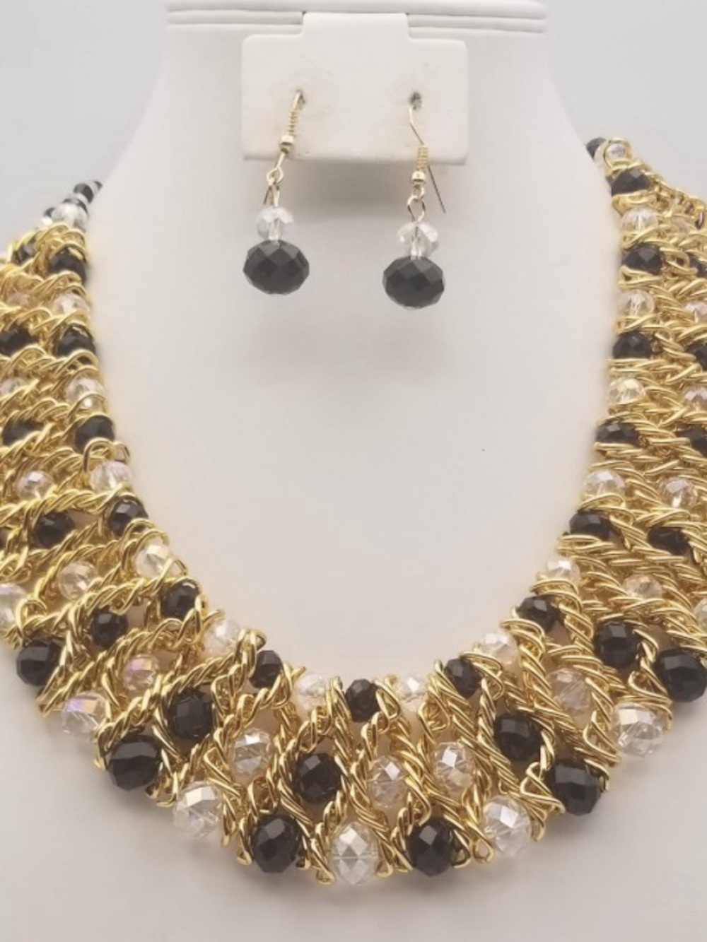 Gold Tone Twist Necklace and Black Crystal Drop Earrings - Women's Jewelry
